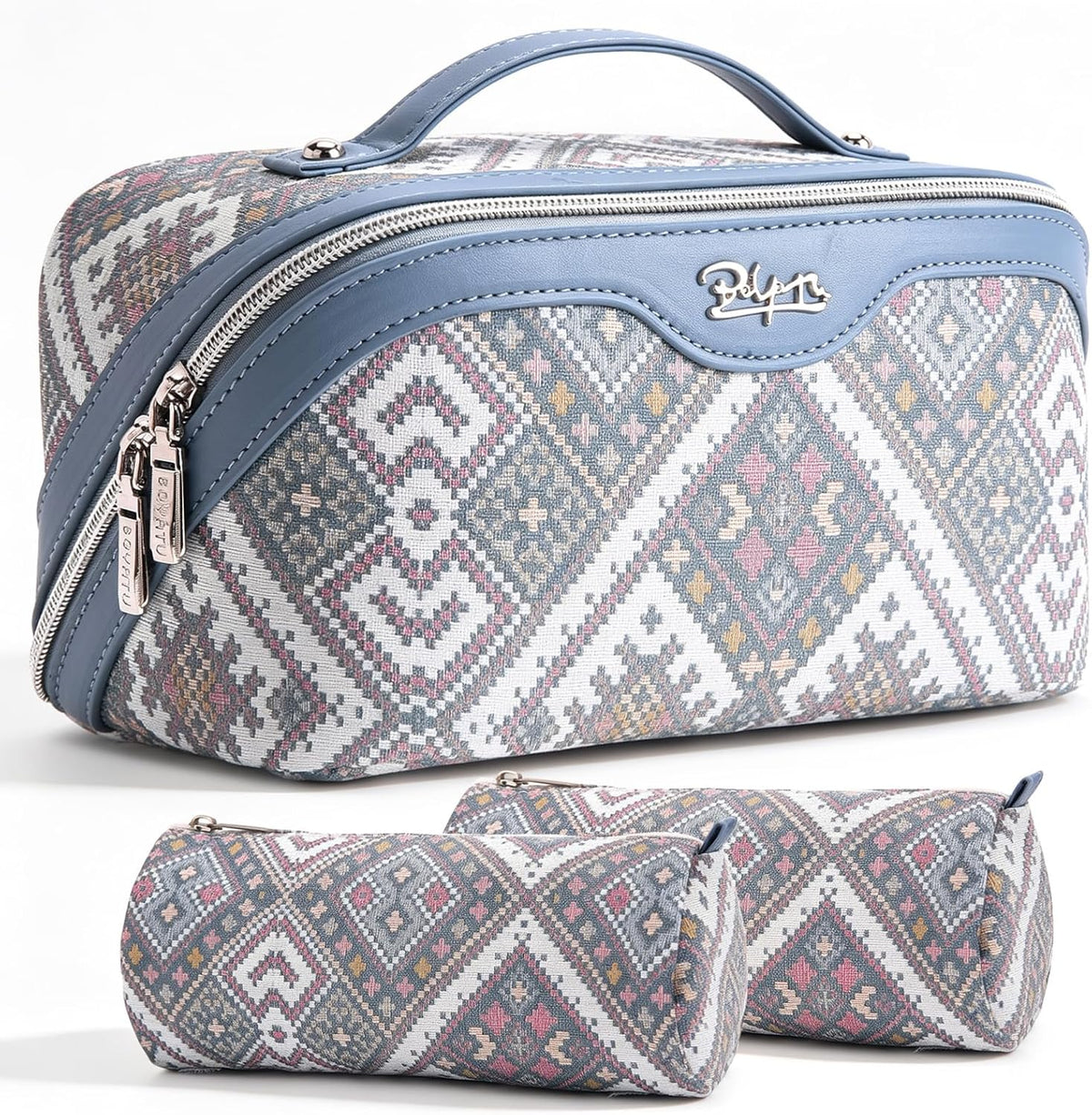 Travel Makeup Bags for Women: Vintage Roman Column Texture | Each Journey, Quiet Luxury Serenity - 3 Pcs Set Large Capacity Cosmetic Bag Organizer Toiletry Purse(Green)