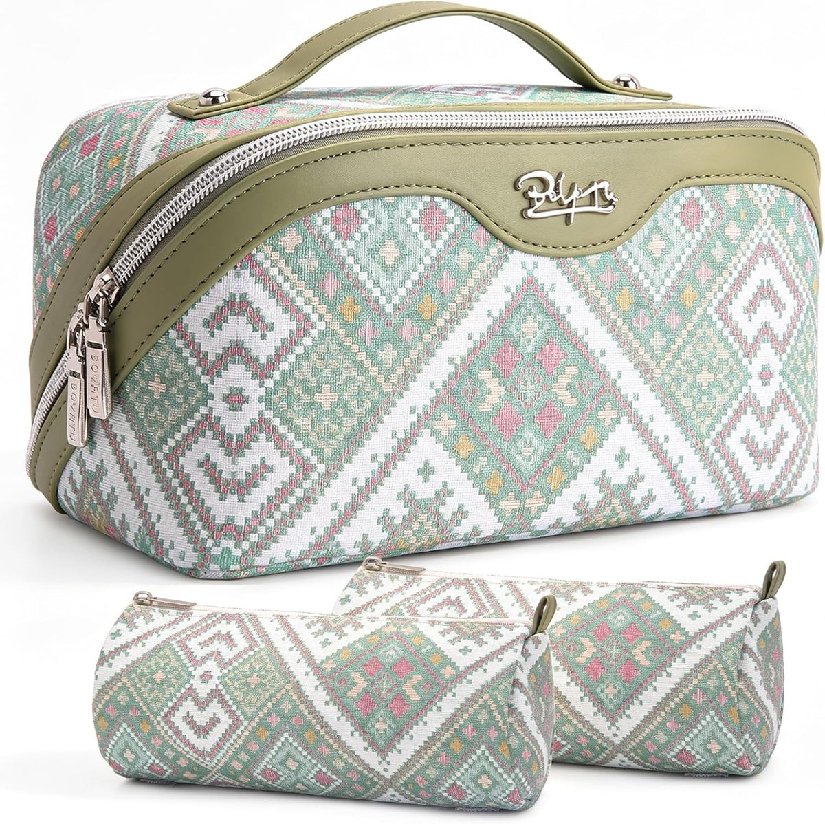 Travel Makeup Bags for Women: Vintage Roman Column Texture | Each Journey, Quiet Luxury Serenity - 3 Pcs Set Large Capacity Cosmetic Bag Organizer Toiletry Purse(Green)