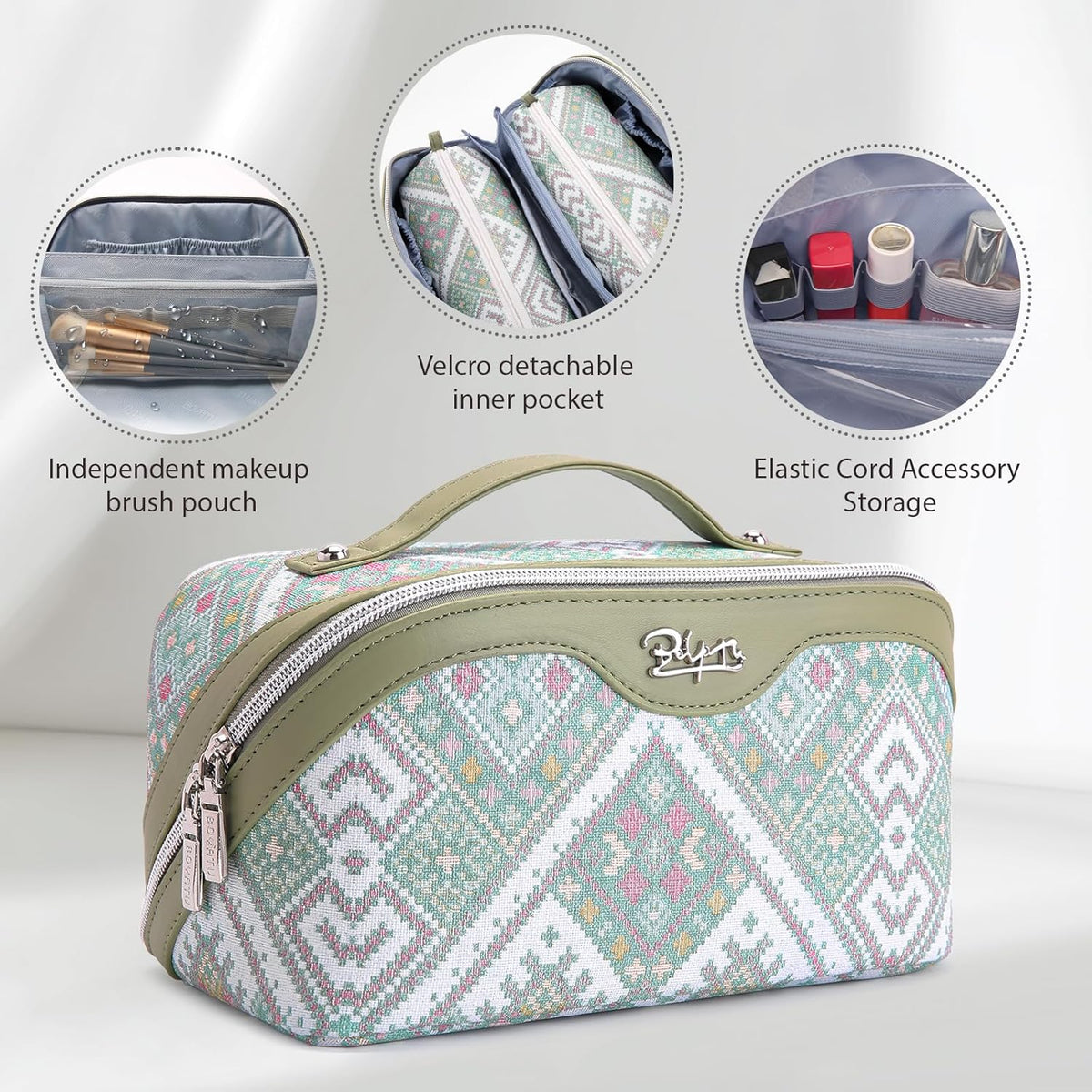 Travel Makeup Bags for Women: Vintage Roman Column Texture | Each Journey, Quiet Luxury Serenity - 3 Pcs Set Large Capacity Cosmetic Bag Organizer Toiletry Purse(Green)
