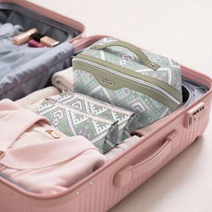 Travel Makeup Bags for Women: Vintage Roman Column Texture | Each Journey, Quiet Luxury Serenity - 3 Pcs Set Large Capacity Cosmetic Bag Organizer Toiletry Purse(Green)