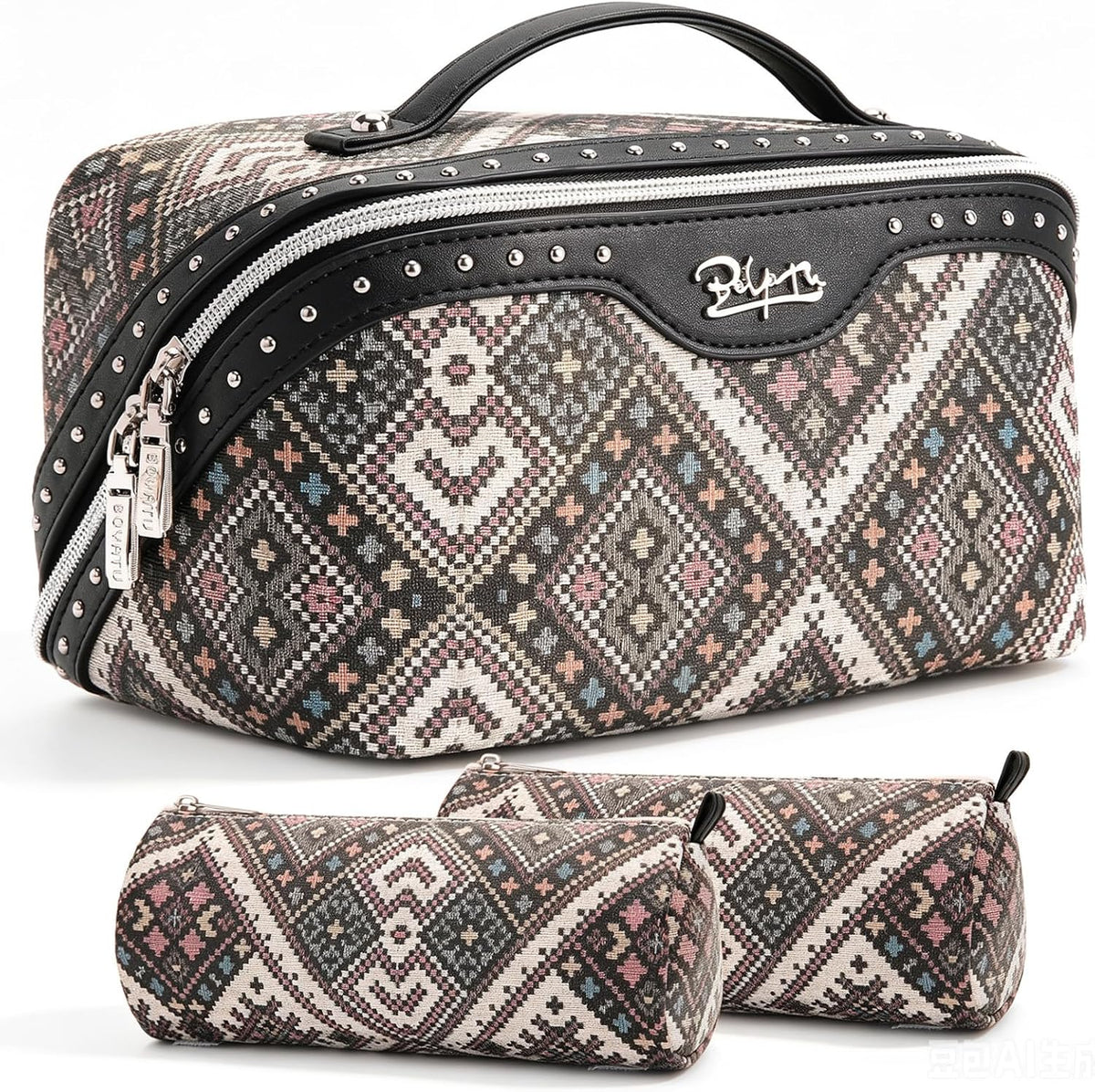 Travel Makeup Bags for Women: Vintage Roman Column Texture | Each Journey, Quiet Luxury Serenity - 3 Pcs Set Large Capacity Cosmetic Bag Organizer Toiletry Purse(Green)