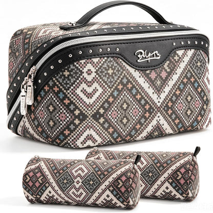 Travel Makeup Bags for Women: Vintage Roman Column Texture | Each Journey, Quiet Luxury Serenity - 3 Pcs Set Large Capacity Cosmetic Bag Organizer Toiletry Purse(Green)
