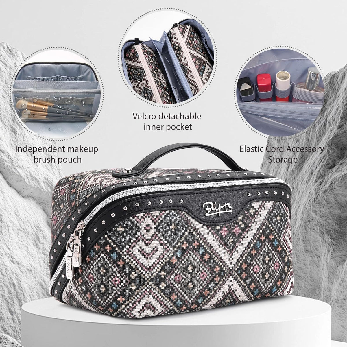 Travel Makeup Bags for Women: Vintage Roman Column Texture | Each Journey, Quiet Luxury Serenity - 3 Pcs Set Large Capacity Cosmetic Bag Organizer Toiletry Purse(Green)