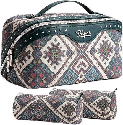 Travel Makeup Bags for Women: Vintage Roman Column Texture | Each Journey, Quiet Luxury Serenity - 3 Pcs Set Large Capacity Cosmetic Bag Organizer Toiletry Purse(Green)
