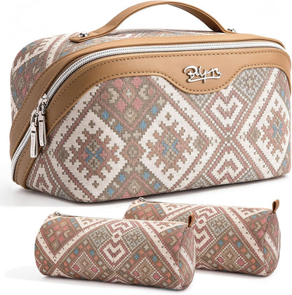 Travel Makeup Bags for Women: Vintage Roman Column Texture | Each Journey, Quiet Luxury Serenity - 3 Pcs Set Large Capacity Cosmetic Bag Organizer Toiletry Purse(Green)