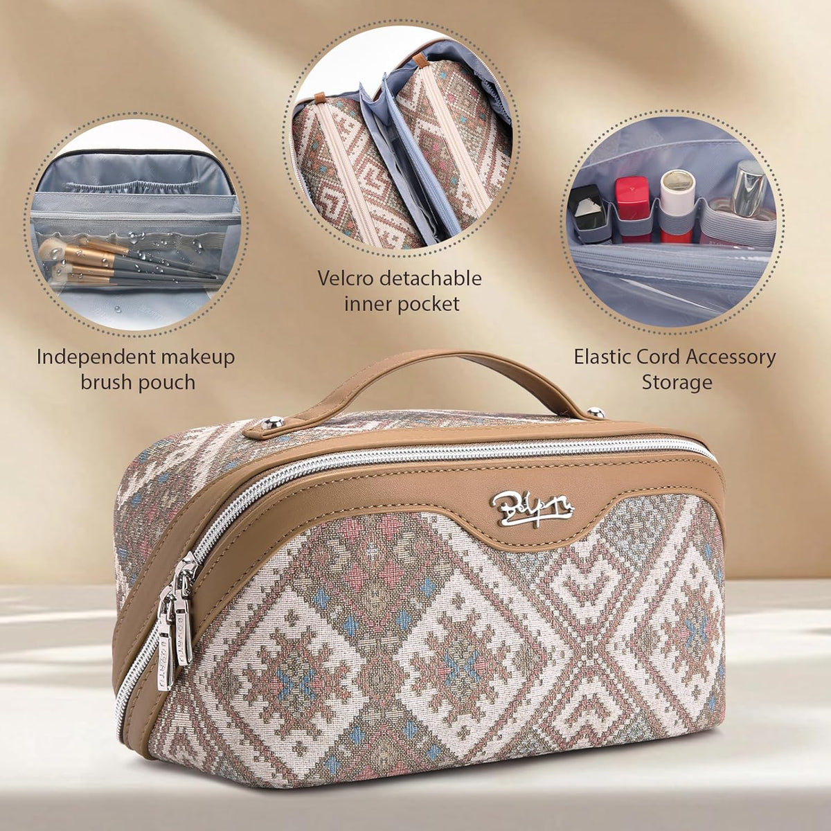 Travel Makeup Bags for Women: Vintage Roman Column Texture | Each Journey, Quiet Luxury Serenity - 3 Pcs Set Large Capacity Cosmetic Bag Organizer Toiletry Purse(Green)