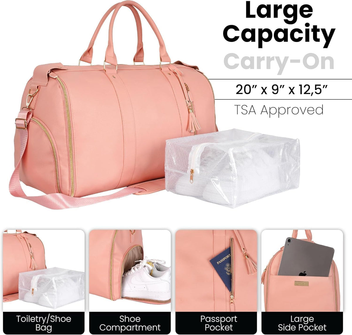 Travel Convertible Carry On Garment Bag 2.0 with Shoe Pouch & Detachable Shoulder Strap - Improved Zipper and reinforced straps - Rose