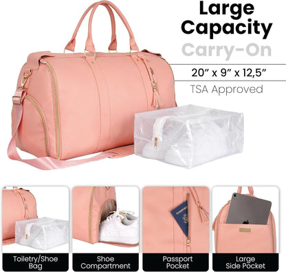 Travel Convertible Carry On Garment Bag 2.0 with Shoe Pouch & Detachable Shoulder Strap - Improved Zipper and reinforced straps - Rose