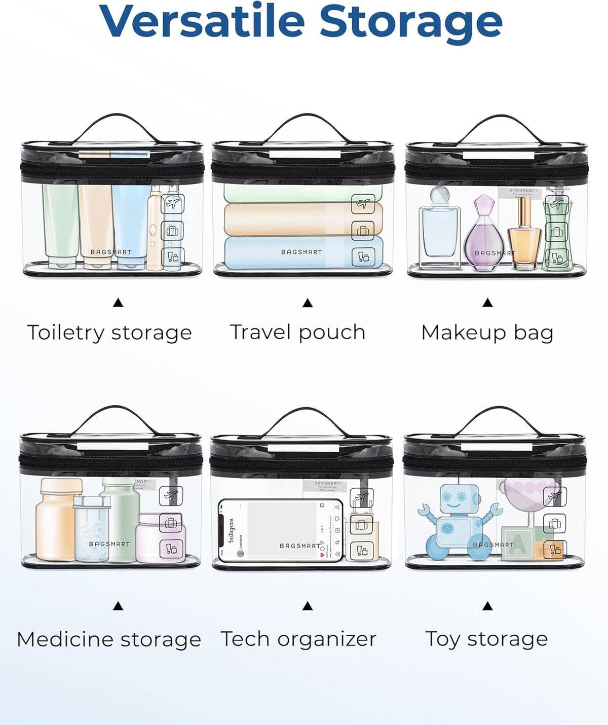 TSA Approved Toiletry Bag, Clear Makeup Cosmetic Bag Organizer, Quart Size Travel Bag for Toiletries, Carry-on Travel Accessories Essentials, Black-2pcs