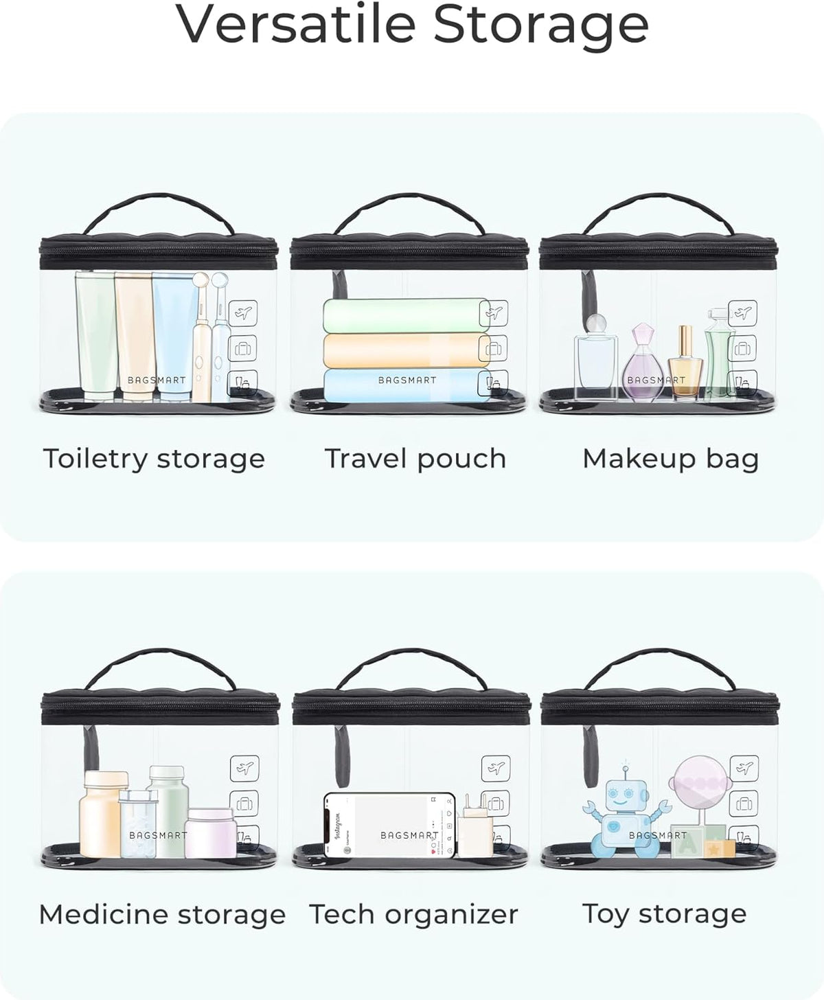 TSA Approved Toiletry Bag, Clear Makeup Cosmetic Bag Organizer, Quart Size Travel Bag for Toiletries, Carry-on Travel Accessories Essentials, Black-2pcs