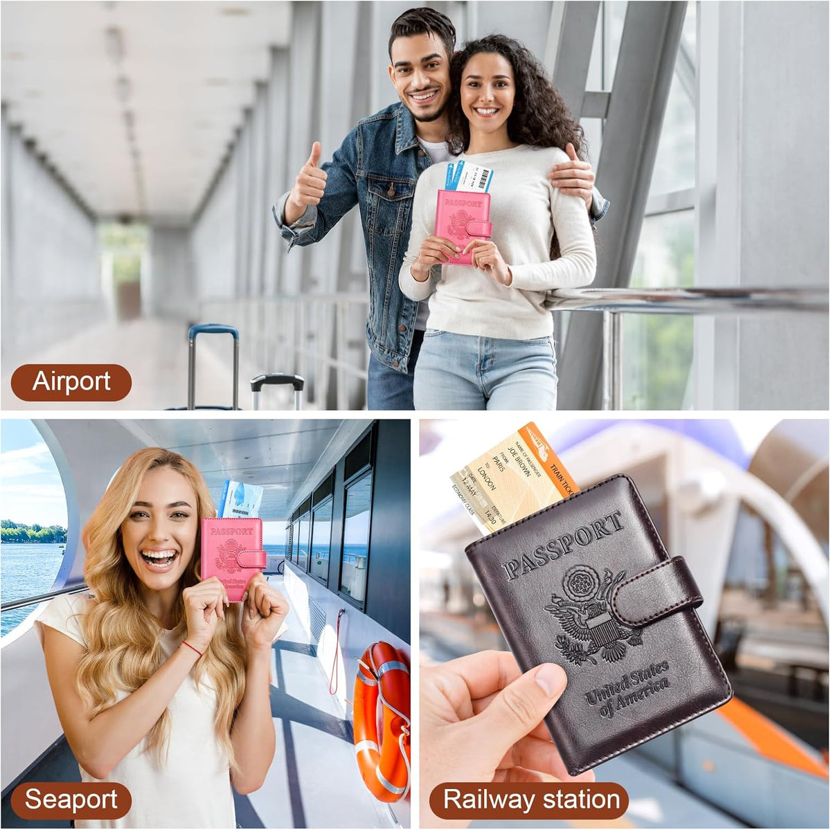 Rose Gold & Gray Passport Holder for Travel, Passport Wallet Cover Case for Family Women Men Cruise Essentials, Travel Must Haves Passports Book Protector