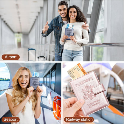 Rose Gold & Gray Passport Holder for Travel, Passport Wallet Cover Case for Family Women Men Cruise Essentials, Travel Must Haves Passports Book Protector