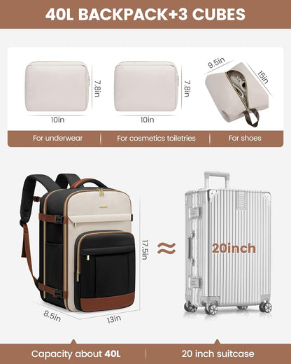 40L Travel Backpack for Women & Men - 17.3 Inch Carry On Backpack & Personal Item Backpack for Airlines, Spacious and Durable Design, with 3 Packing Cubes