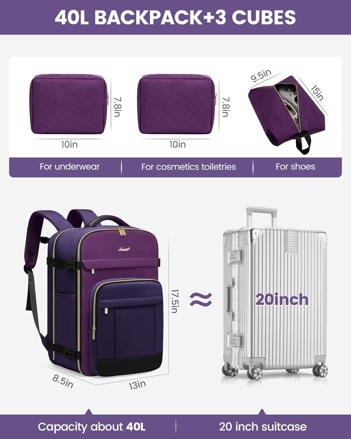 40L Travel Backpack for Women & Men - 17.3 Inch Carry On Backpack & Personal Item Backpack for Airlines, Spacious and Durable Design, with 3 Packing Cubes