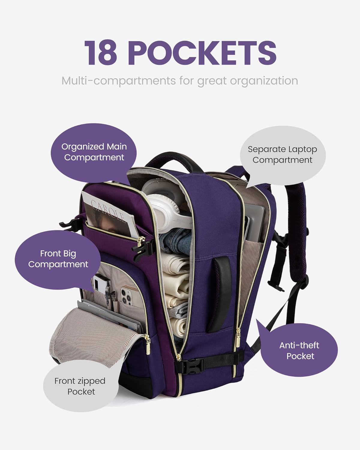 40L Travel Backpack for Women & Men - 17.3 Inch Carry On Backpack & Personal Item Backpack for Airlines, Spacious and Durable Design, with 3 Packing Cubes