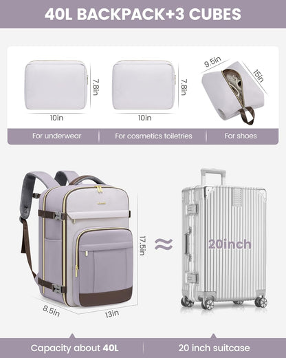 40L Travel Backpack for Women & Men - 17.3 Inch Carry On Backpack & Personal Item Backpack for Airlines, Spacious and Durable Design, with 3 Packing Cubes