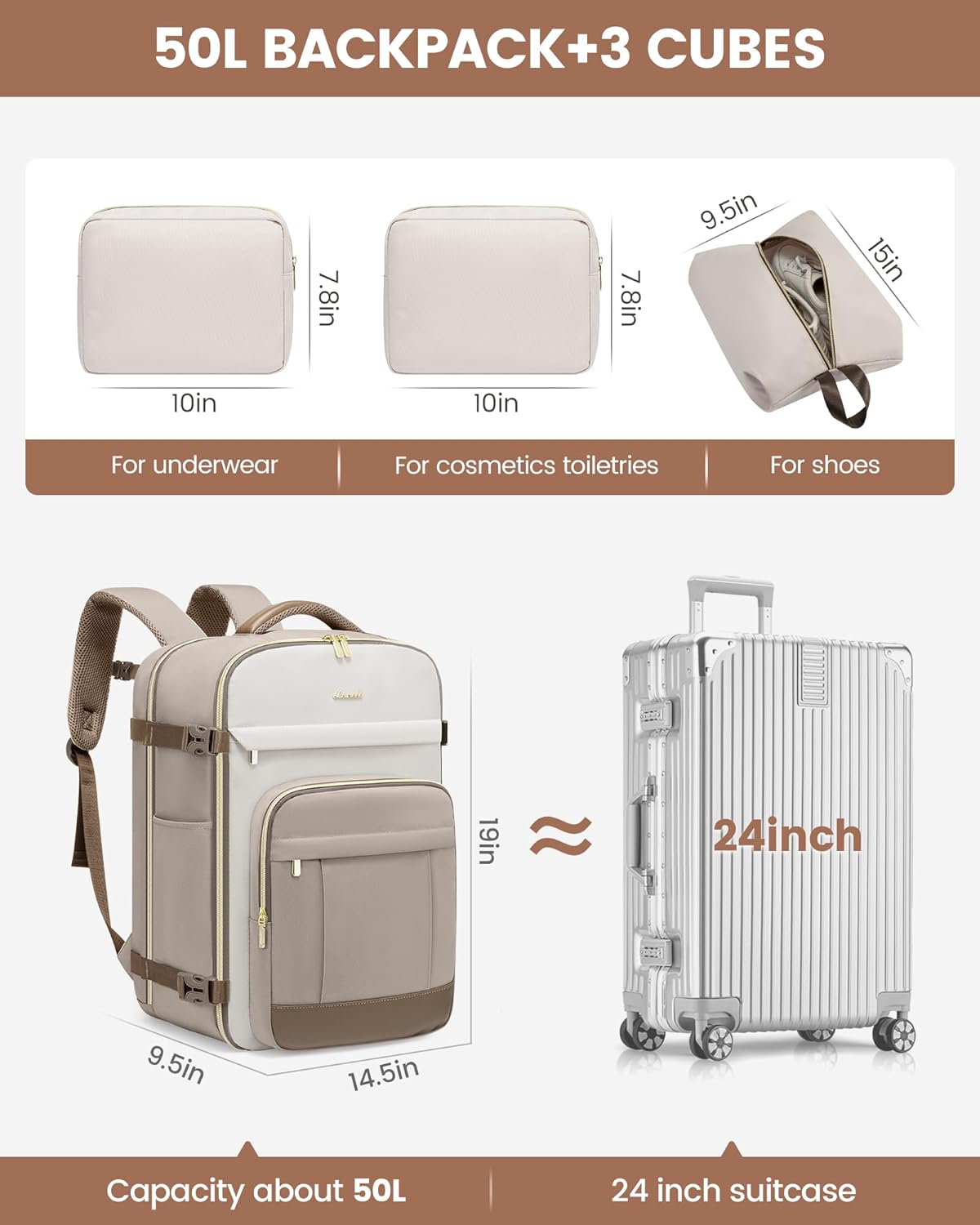 40L Travel Backpack for Women & Men - 17.3 Inch Carry On Backpack & Personal Item Backpack for Airlines, Spacious and Durable Design, with 3 Packing Cubes