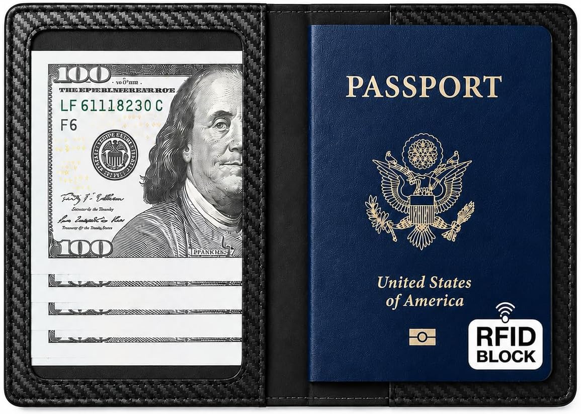RFID Passport Holder for Travel – PU Leather Passport Cover and Card Holder for Men & Women – Slim Passport Holder with Card Protector Slot, Travel Must Haves (Pink - Lime Green)