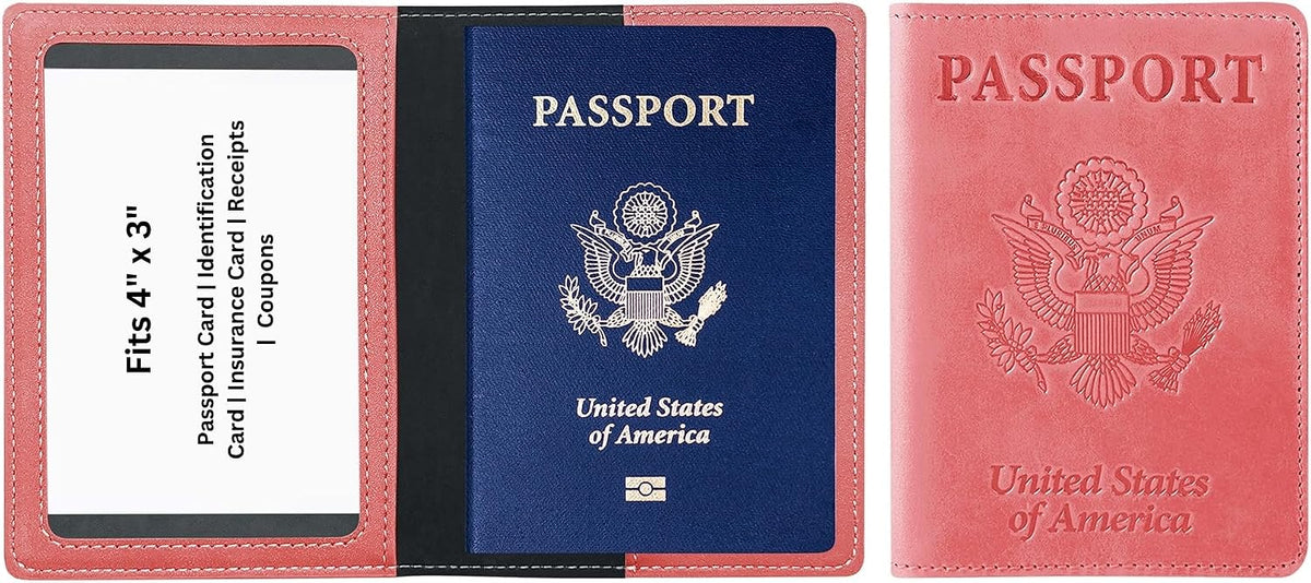 RFID Passport Holder for Travel – PU Leather Passport Cover and Card Holder for Men & Women – Slim Passport Holder with Card Protector Slot, Travel Must Haves (Pink - Lime Green)