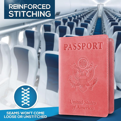 RFID Passport Holder for Travel – PU Leather Passport Cover and Card Holder for Men & Women – Slim Passport Holder with Card Protector Slot, Travel Must Haves (Pink - Lime Green)