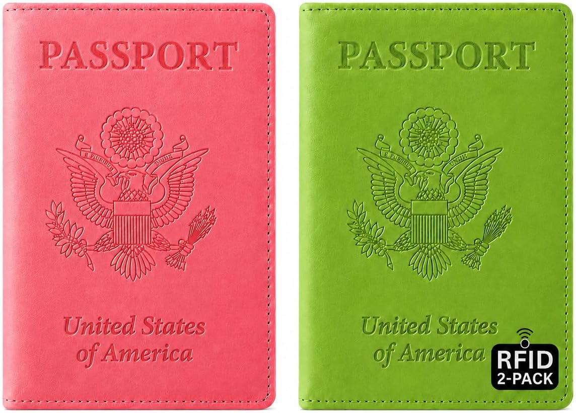 RFID Passport Holder for Travel – PU Leather Passport Cover and Card Holder for Men & Women – Slim Passport Holder with Card Protector Slot, Travel Must Haves (Pink - Lime Green)