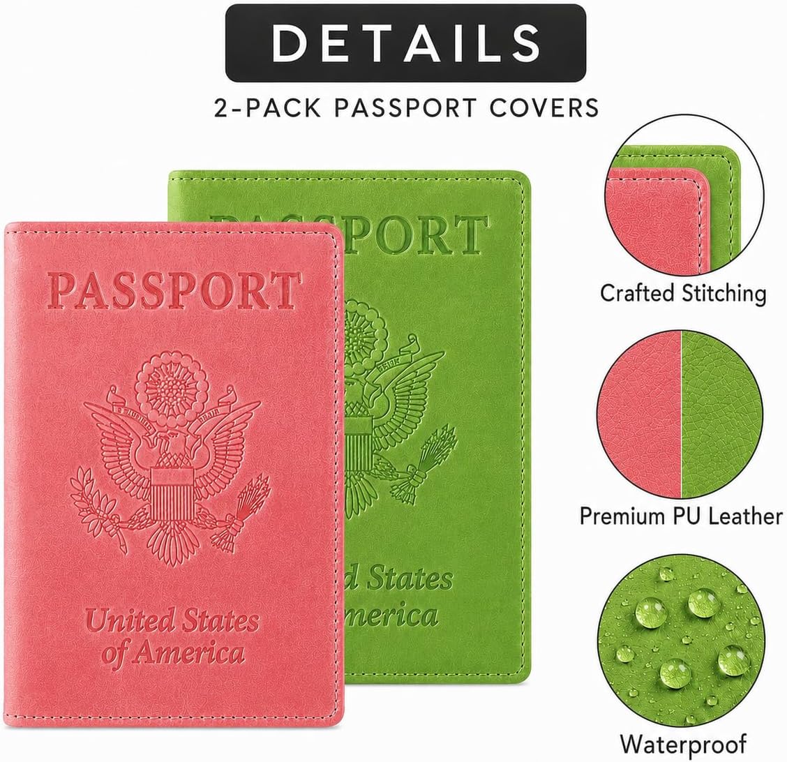RFID Passport Holder for Travel – PU Leather Passport Cover and Card Holder for Men & Women – Slim Passport Holder with Card Protector Slot, Travel Must Haves (Pink - Lime Green)