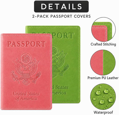 RFID Passport Holder for Travel – PU Leather Passport Cover and Card Holder for Men & Women – Slim Passport Holder with Card Protector Slot, Travel Must Haves (Pink - Lime Green)