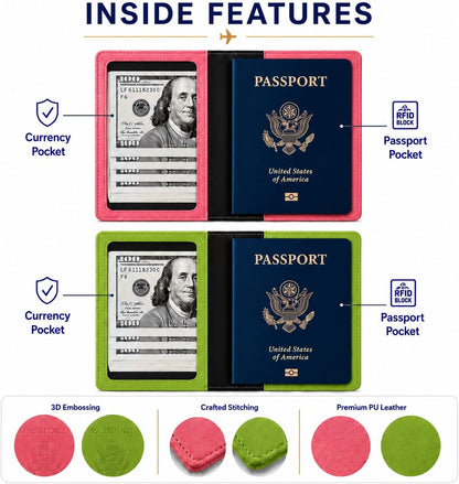 RFID Passport Holder for Travel – PU Leather Passport Cover and Card Holder for Men & Women – Slim Passport Holder with Card Protector Slot, Travel Must Haves (Pink - Lime Green)