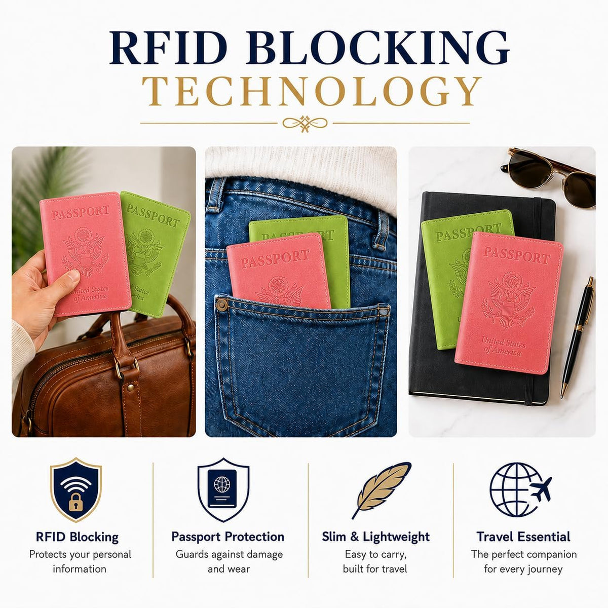 RFID Passport Holder for Travel – PU Leather Passport Cover and Card Holder for Men & Women – Slim Passport Holder with Card Protector Slot, Travel Must Haves (Pink - Lime Green)