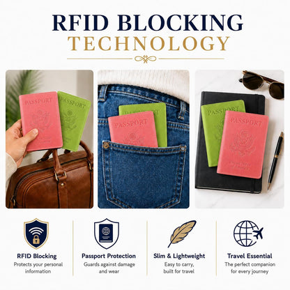 RFID Passport Holder for Travel – PU Leather Passport Cover and Card Holder for Men & Women – Slim Passport Holder with Card Protector Slot, Travel Must Haves (Pink - Lime Green)