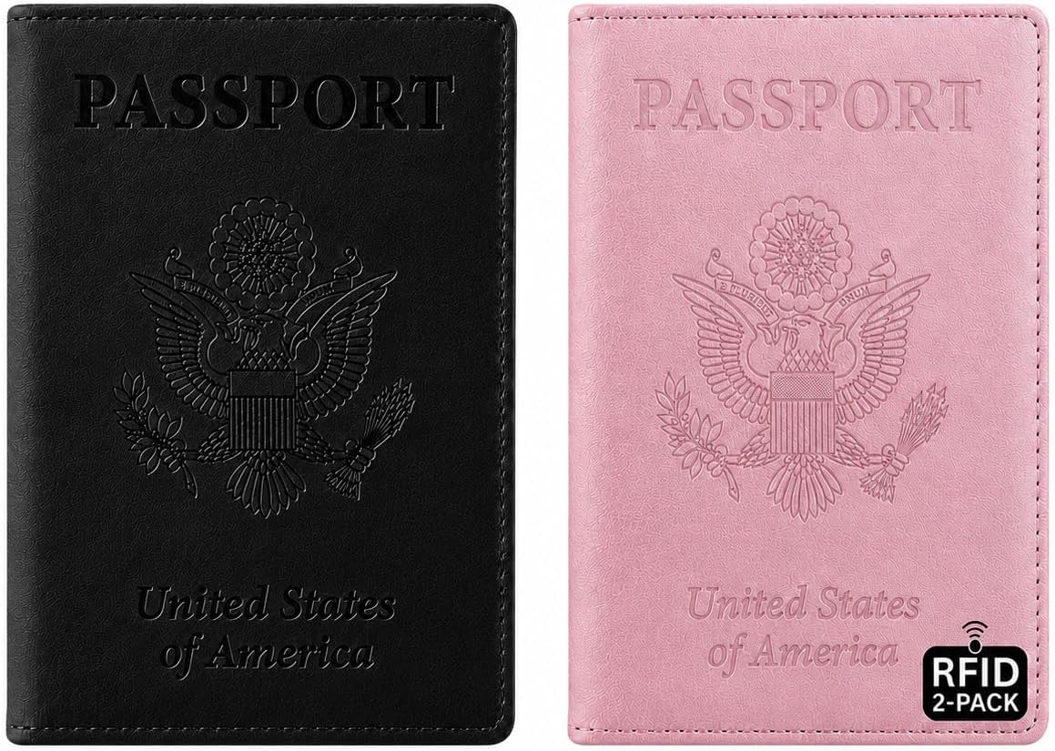 RFID Passport Holder for Travel – PU Leather Passport Cover and Card Holder for Men & Women – Slim Passport Holder with Card Protector Slot, Travel Must Haves (Pink - Lime Green)
