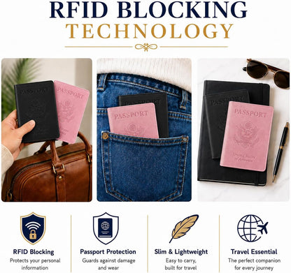 RFID Passport Holder for Travel – PU Leather Passport Cover and Card Holder for Men & Women – Slim Passport Holder with Card Protector Slot, Travel Must Haves (Pink - Lime Green)