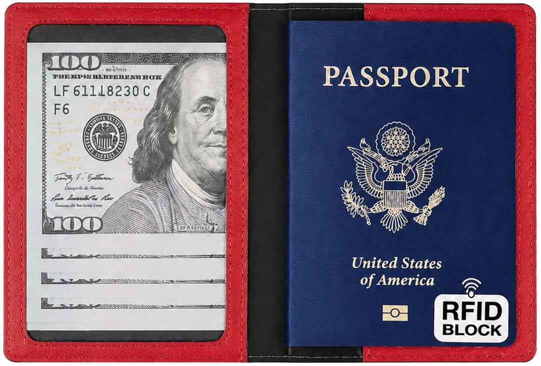 RFID Passport Holder for Travel – PU Leather Passport Cover and Card Holder for Men & Women – Slim Passport Holder with Card Protector Slot, Travel Must Haves (Pink - Lime Green)