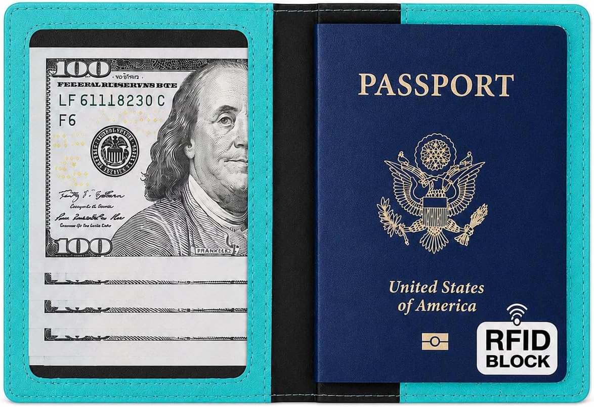 RFID Passport Holder for Travel – PU Leather Passport Cover and Card Holder for Men & Women – Slim Passport Holder with Card Protector Slot, Travel Must Haves (Pink - Lime Green)