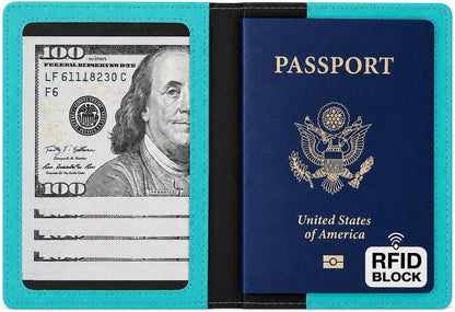 RFID Passport Holder for Travel – PU Leather Passport Cover and Card Holder for Men & Women – Slim Passport Holder with Card Protector Slot, Travel Must Haves (Pink - Lime Green)