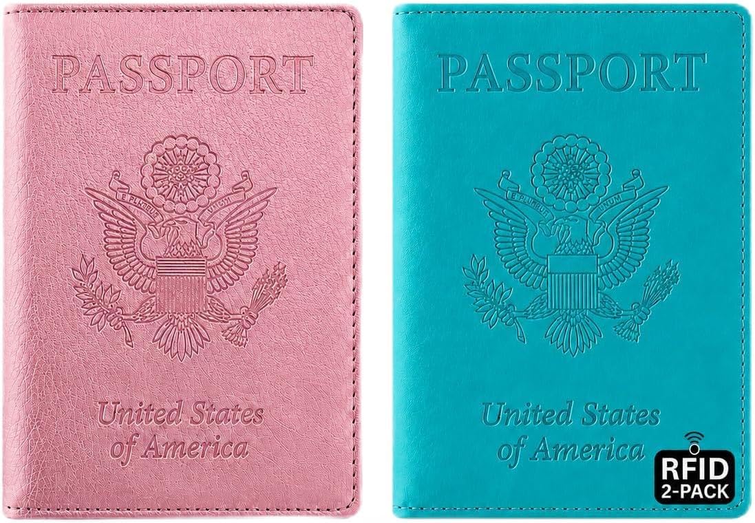 RFID Passport Holder for Travel – PU Leather Passport Cover and Card Holder for Men & Women – Slim Passport Holder with Card Protector Slot, Travel Must Haves (Pink - Lime Green)