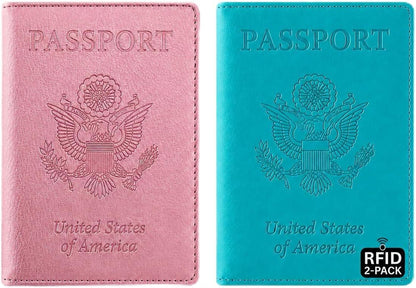 RFID Passport Holder for Travel – PU Leather Passport Cover and Card Holder for Men & Women – Slim Passport Holder with Card Protector Slot, Travel Must Haves (Pink - Lime Green)
