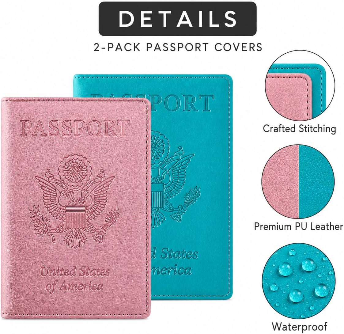 RFID Passport Holder for Travel – PU Leather Passport Cover and Card Holder for Men & Women – Slim Passport Holder with Card Protector Slot, Travel Must Haves (Pink - Lime Green)