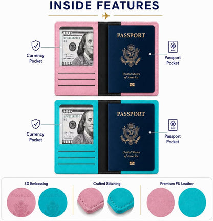 RFID Passport Holder for Travel – PU Leather Passport Cover and Card Holder for Men & Women – Slim Passport Holder with Card Protector Slot, Travel Must Haves (Pink - Lime Green)