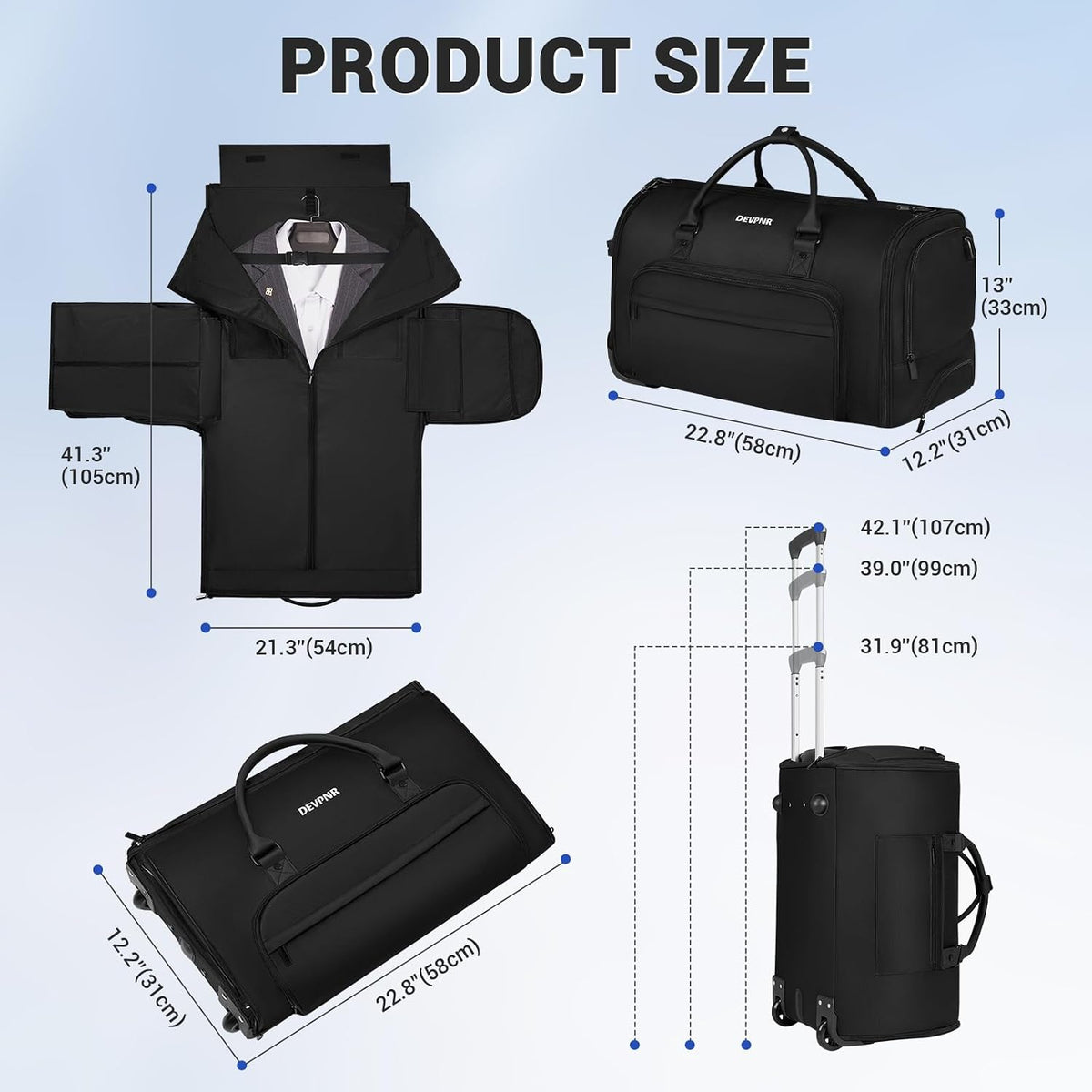 Rolling Garment Bags for Travel, 59L Rolling Duffle Bag with Wheels and Shoe Compartment for Men and Women, 3 in 1 Carry on Convertible Travel Garment Bag with Wheels, Gray