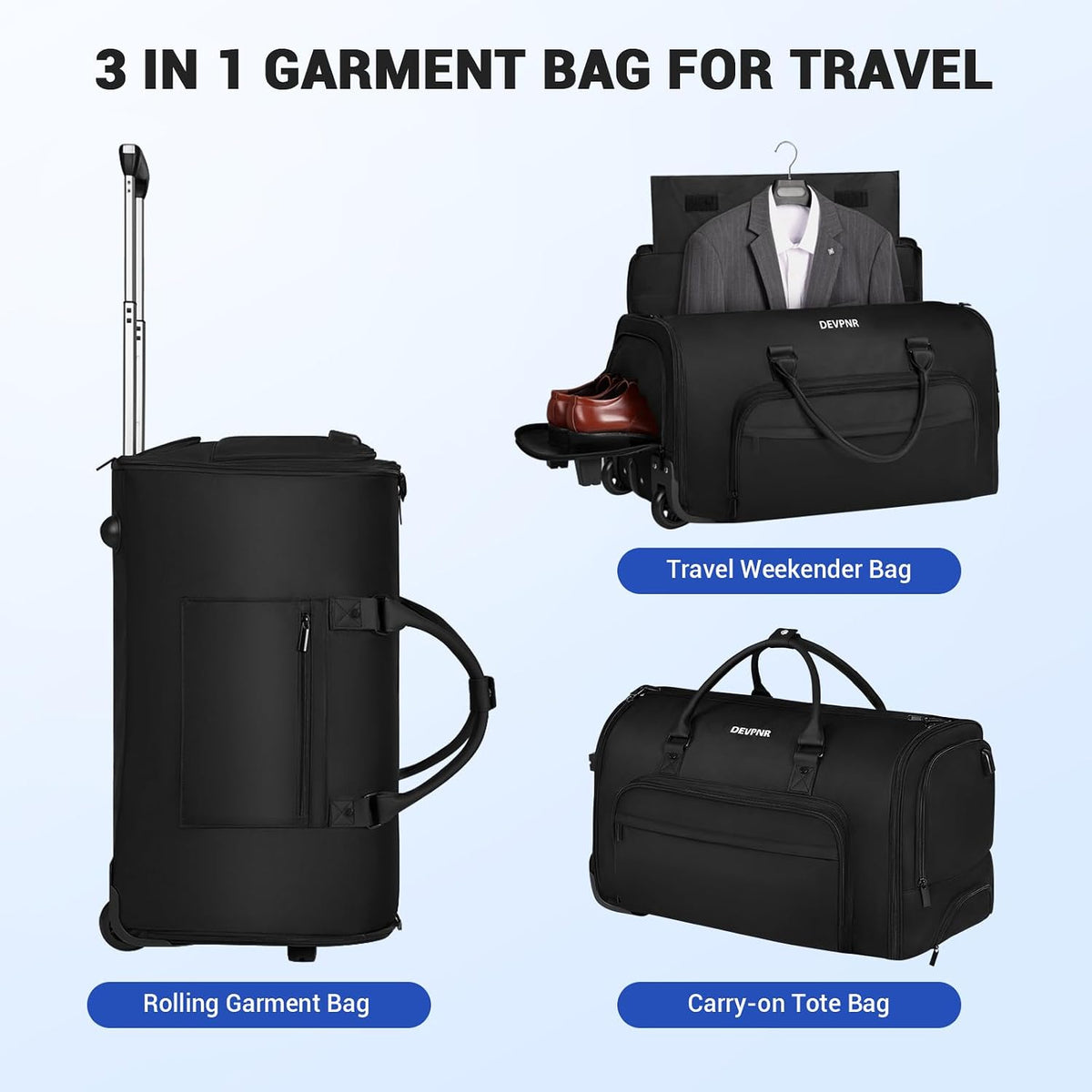 Rolling Garment Bags for Travel, 59L Rolling Duffle Bag with Wheels and Shoe Compartment for Men and Women, 3 in 1 Carry on Convertible Travel Garment Bag with Wheels, Gray