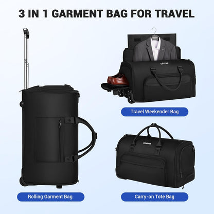 Rolling Garment Bags for Travel, 59L Rolling Duffle Bag with Wheels and Shoe Compartment for Men and Women, 3 in 1 Carry on Convertible Travel Garment Bag with Wheels, Gray