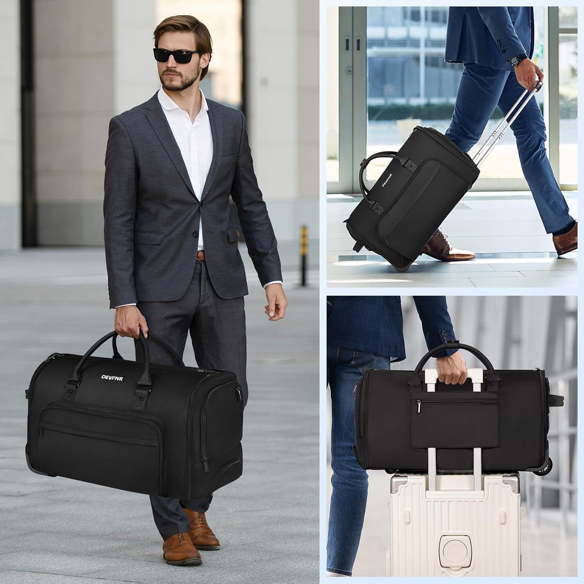 Rolling Garment Bags for Travel, 59L Rolling Duffle Bag with Wheels and Shoe Compartment for Men and Women, 3 in 1 Carry on Convertible Travel Garment Bag with Wheels, Gray
