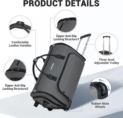 Rolling Garment Bags for Travel, 59L Rolling Duffle Bag with Wheels and Shoe Compartment for Men and Women, 3 in 1 Carry on Convertible Travel Garment Bag with Wheels, Gray