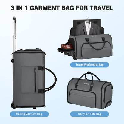 Rolling Garment Bags for Travel, 59L Rolling Duffle Bag with Wheels and Shoe Compartment for Men and Women, 3 in 1 Carry on Convertible Travel Garment Bag with Wheels, Gray
