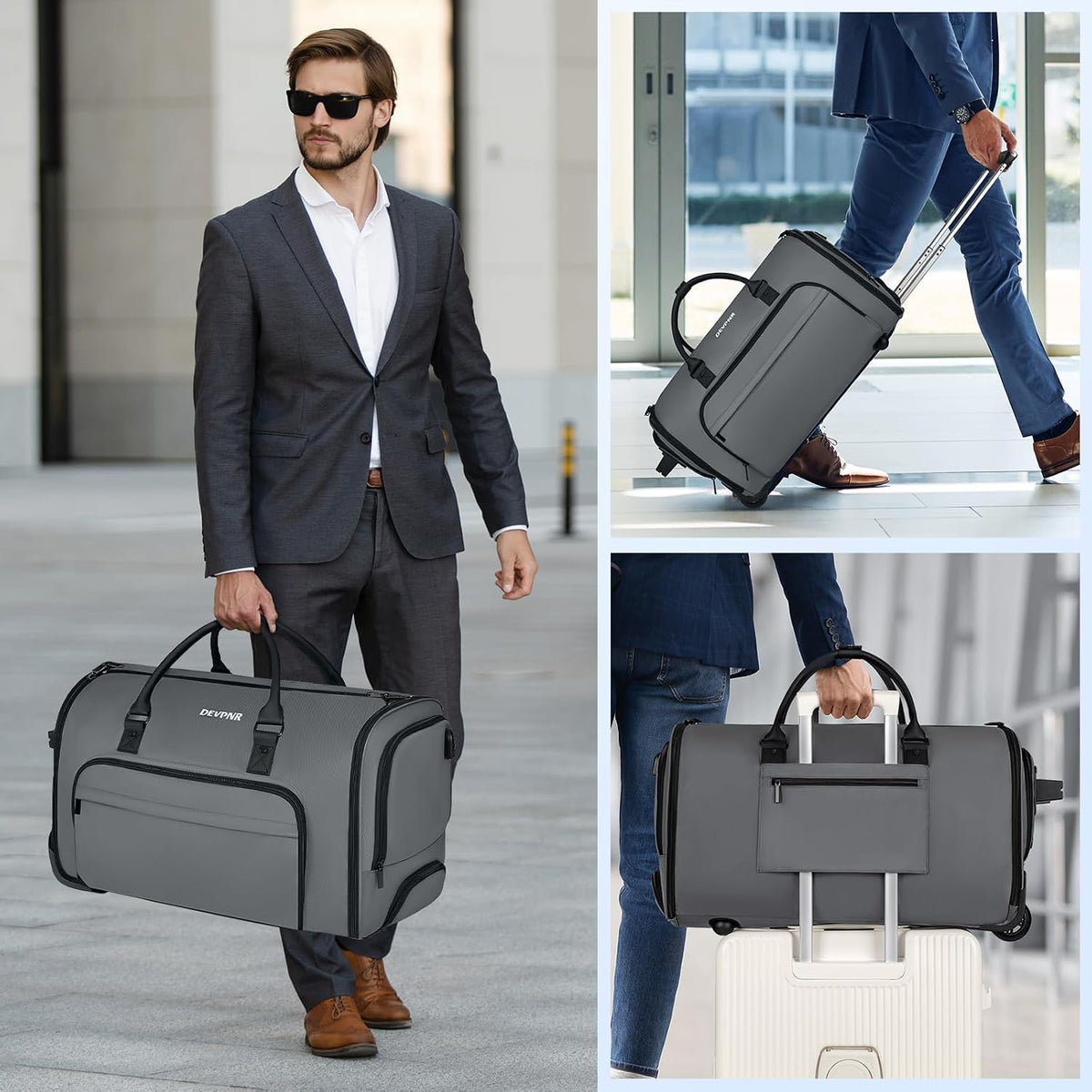 Rolling Garment Bags for Travel, 59L Rolling Duffle Bag with Wheels and Shoe Compartment for Men and Women, 3 in 1 Carry on Convertible Travel Garment Bag with Wheels, Gray