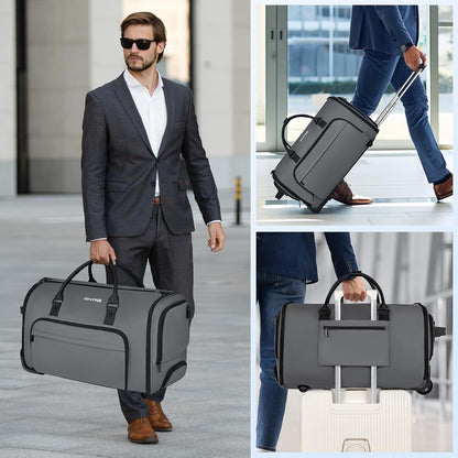 Rolling Garment Bags for Travel, 59L Rolling Duffle Bag with Wheels and Shoe Compartment for Men and Women, 3 in 1 Carry on Convertible Travel Garment Bag with Wheels, Gray