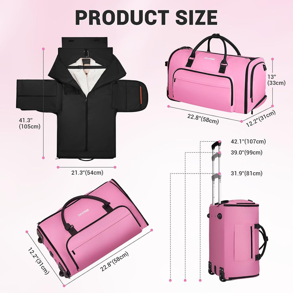 Rolling Garment Bags for Travel, 59L Rolling Duffle Bag with Wheels and Shoe Compartment for Men and Women, 3 in 1 Carry on Convertible Travel Garment Bag with Wheels, Gray
