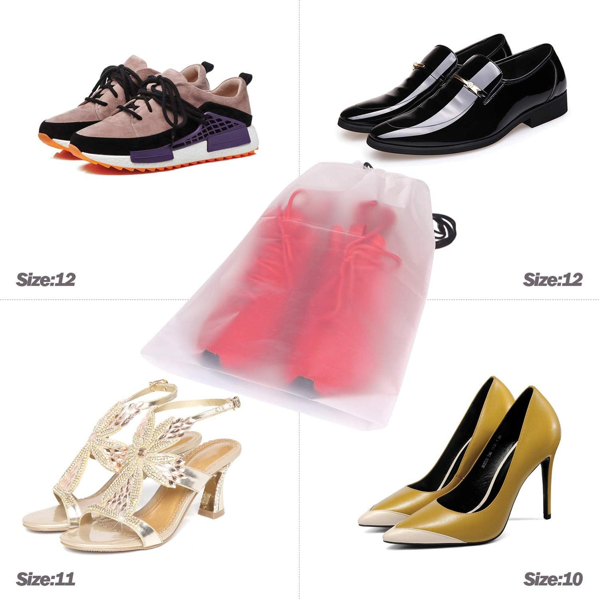 Set of 12 Portable Translucent Shoe Bags for Travel Large Clear Shoes Pouch Storage Organizer with Drawstring for Men and Women