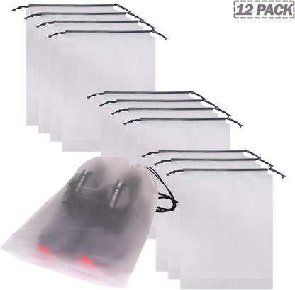 Set of 12 Portable Translucent Shoe Bags for Travel Large Clear Shoes Pouch Storage Organizer with Drawstring for Men and Women